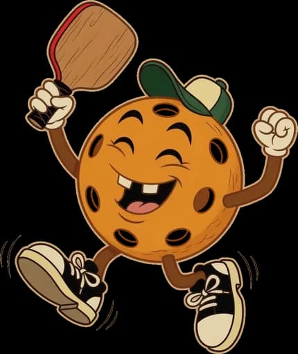 A cheerful pickleball mascot waving a paddle in welcome